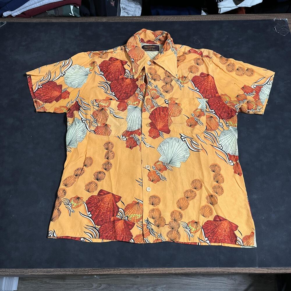 Vintage Kingsport Hawaiian Rayon Shirt Orange Seashell Korea Aloha Beach 1960s